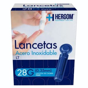 Lancetas Para Glucómetro, de acero inoxidable de calibre 28g finas, caja con 100 piezas, Marca: Hergom, Modelo:LT