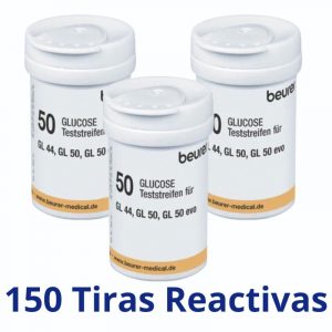 Tiras Reactivas, Pack con 150 Tiras para Glucómetros GL44, GL50 y GL50 Evo, Marca: Beurer, Modelo: TR44x3