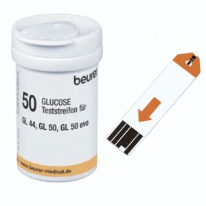 Tiras Reactivas, Pack con 50 Tiras para Glucómetros GL44, GL50 y GL50 Evo, Marca: Beurer, Modelo: TR44