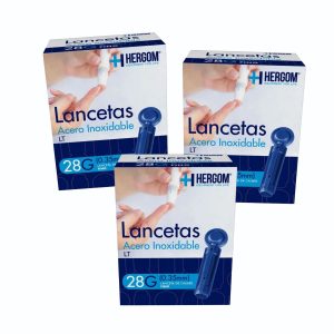 Kit De 300 Lancetas Para Glucómetro, de acero inoxidable de calibre 28g finas, 3 cajas con 100 piezas c/u, Marca: Hergom, Modelo:LT-x3